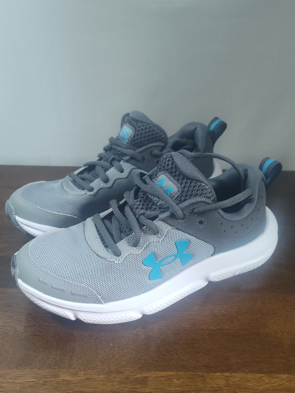 NWOT Sneakers, Under Armour Charger, Gray/Teal, Y Sz 5